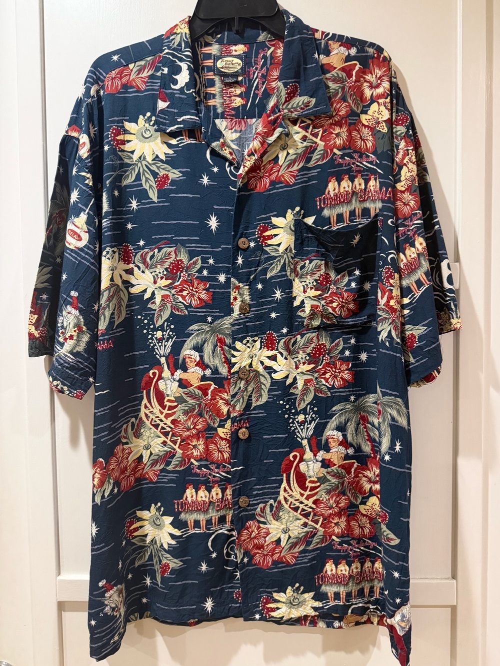 Tommy Bahama Vintage Rayon Holiday Christmas Navy Hawaiian Hula Aloha Shirt L